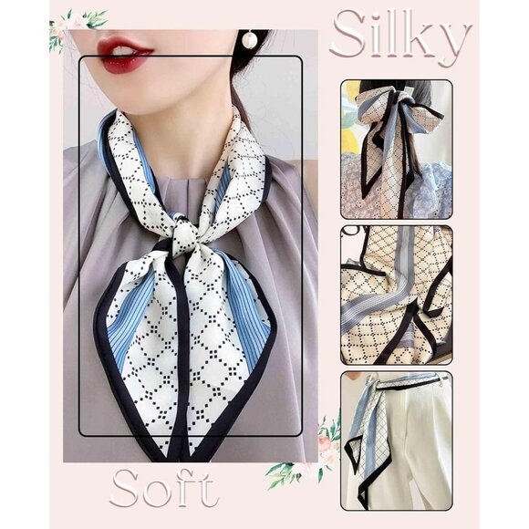 Women's Blue White Check Fashion Oblique Angle Silk Neck Scarf Printed Scarves - Picture 4 of 6